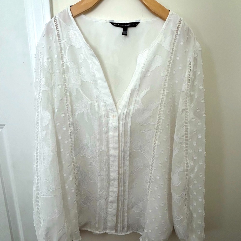 White House Black Market White Ruffled Long Sleeve Blouse